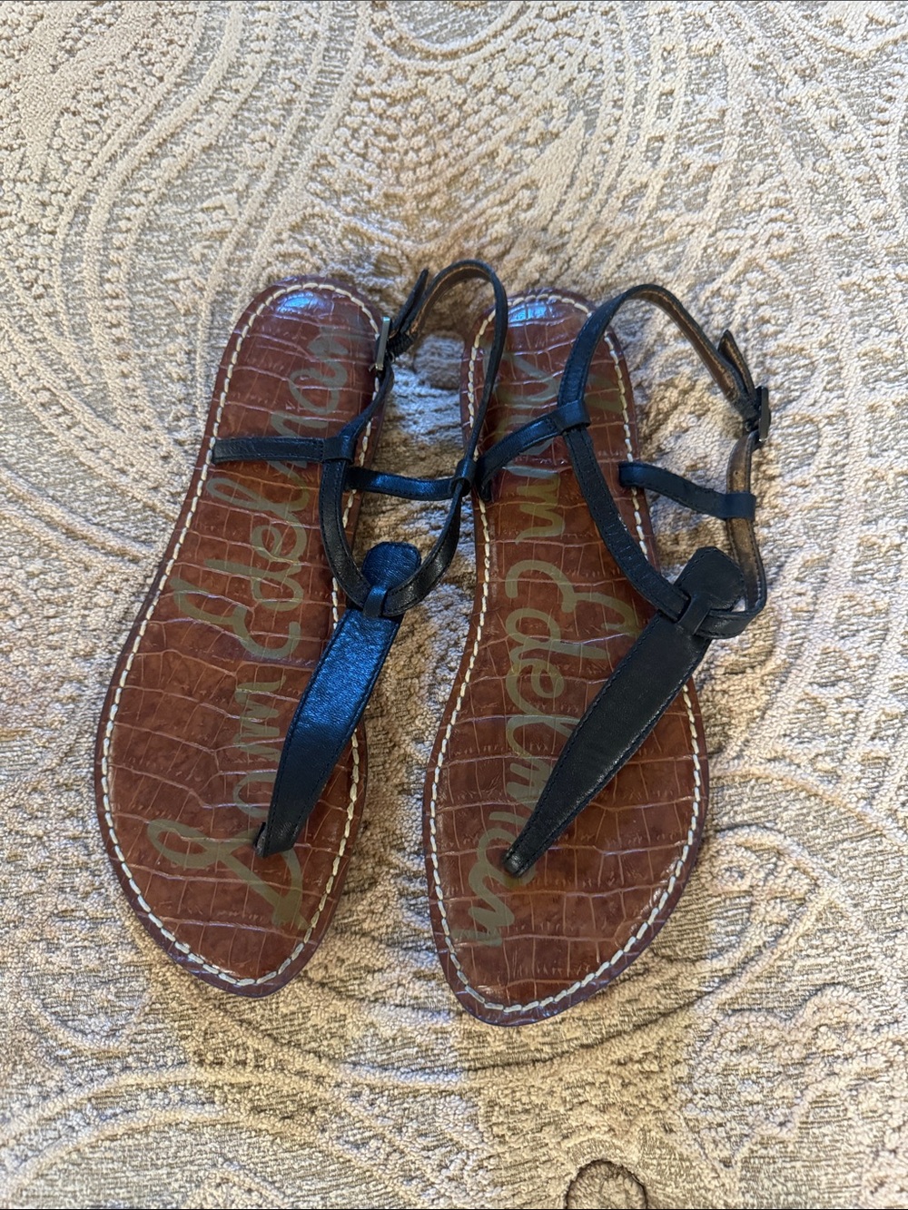 Sam Edelman Black T-Strap Sandals with Brown Footbed